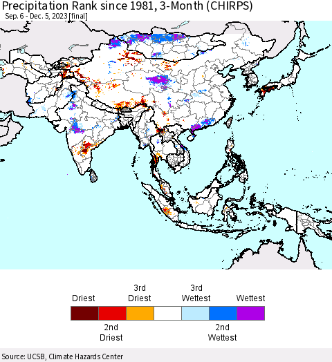Asia Precipitation Rank since 1981, 3-Month (CHIRPS) Thematic Map For 9/6/2023 - 12/5/2023