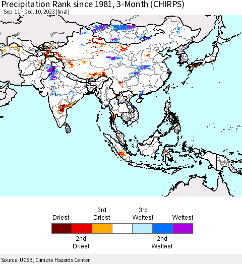 Asia Precipitation Rank since 1981, 3-Month (CHIRPS) Thematic Map For 9/11/2023 - 12/10/2023