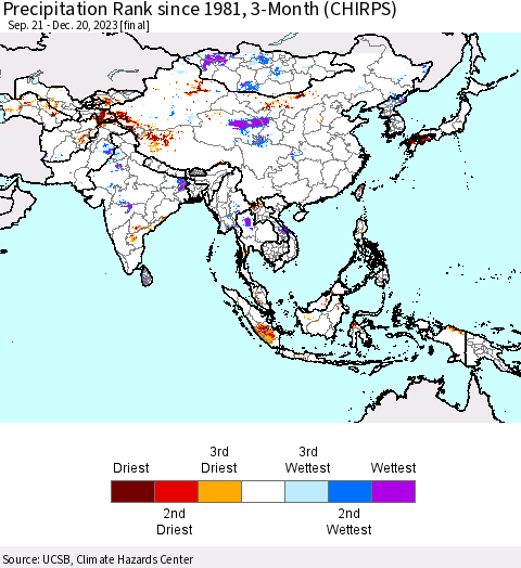 Asia Precipitation Rank since 1981, 3-Month (CHIRPS) Thematic Map For 9/21/2023 - 12/20/2023