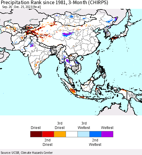 Asia Precipitation Rank since 1981, 3-Month (CHIRPS) Thematic Map For 9/26/2023 - 12/25/2023