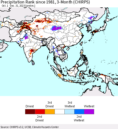 Asia Precipitation Rank since 1981, 3-Month (CHIRPS) Thematic Map For 10/1/2023 - 12/31/2023
