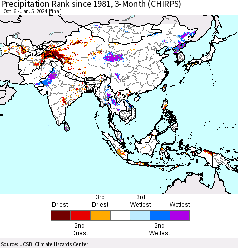 Asia Precipitation Rank since 1981, 3-Month (CHIRPS) Thematic Map For 10/6/2023 - 1/5/2024