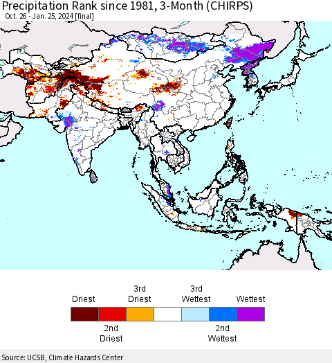 Asia Precipitation Rank since 1981, 3-Month (CHIRPS) Thematic Map For 10/26/2023 - 1/25/2024