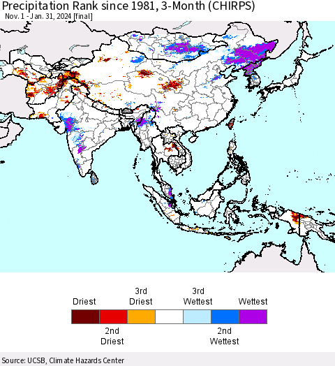 Asia Precipitation Rank since 1981, 3-Month (CHIRPS) Thematic Map For 11/1/2023 - 1/31/2024