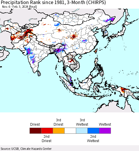 Asia Precipitation Rank since 1981, 3-Month (CHIRPS) Thematic Map For 11/6/2023 - 2/5/2024