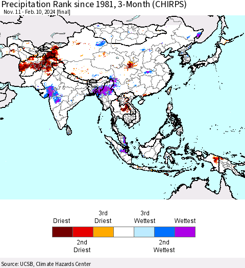 Asia Precipitation Rank since 1981, 3-Month (CHIRPS) Thematic Map For 11/11/2023 - 2/10/2024