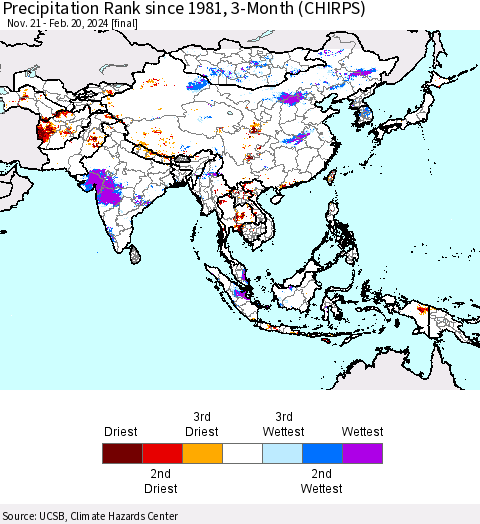 Asia Precipitation Rank since 1981, 3-Month (CHIRPS) Thematic Map For 11/21/2023 - 2/20/2024