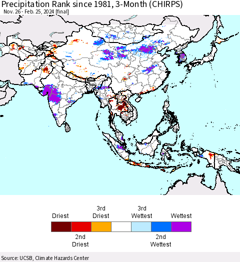 Asia Precipitation Rank since 1981, 3-Month (CHIRPS) Thematic Map For 11/26/2023 - 2/25/2024