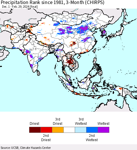 Asia Precipitation Rank since 1981, 3-Month (CHIRPS) Thematic Map For 12/1/2023 - 2/29/2024