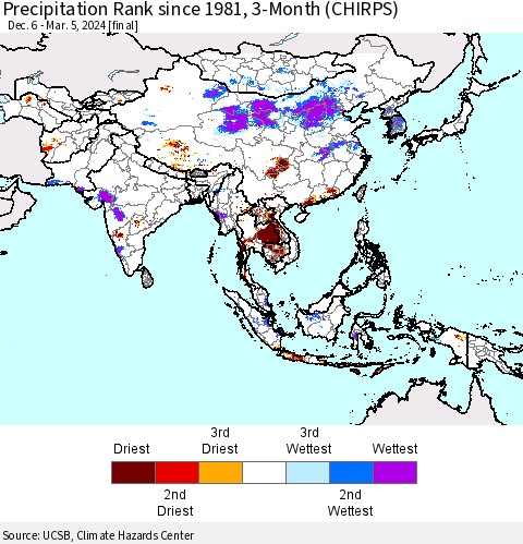 Asia Precipitation Rank since 1981, 3-Month (CHIRPS) Thematic Map For 12/6/2023 - 3/5/2024