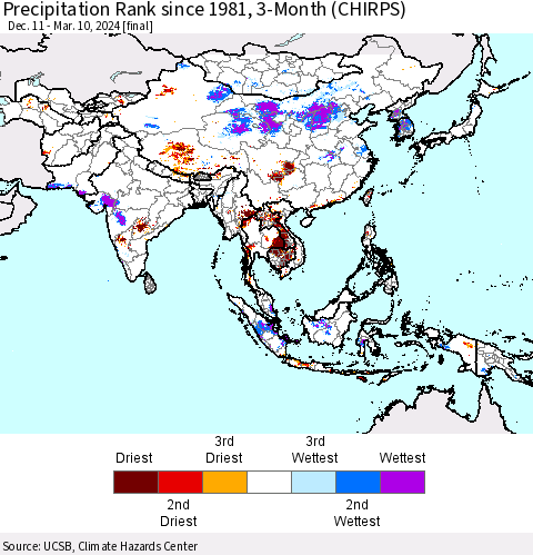 Asia Precipitation Rank since 1981, 3-Month (CHIRPS) Thematic Map For 12/11/2023 - 3/10/2024