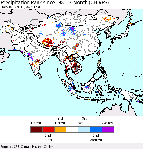 Asia Precipitation Rank since 1981, 3-Month (CHIRPS) Thematic Map For 12/16/2023 - 3/15/2024