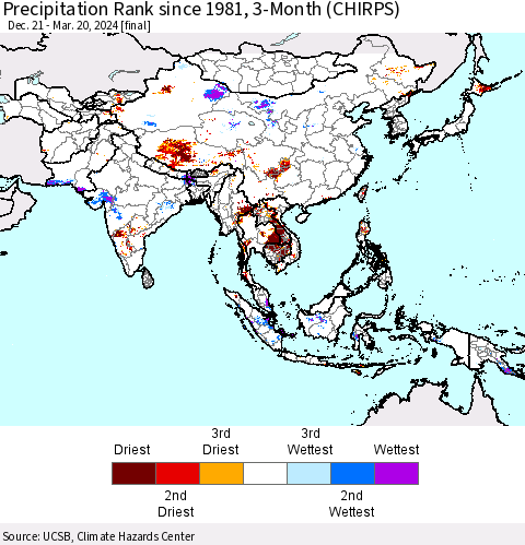 Asia Precipitation Rank since 1981, 3-Month (CHIRPS) Thematic Map For 12/21/2023 - 3/20/2024