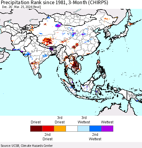 Asia Precipitation Rank since 1981, 3-Month (CHIRPS) Thematic Map For 12/26/2023 - 3/25/2024