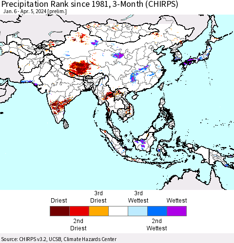 Asia Precipitation Rank since 1981, 3-Month (CHIRPS) Thematic Map For 1/6/2024 - 4/5/2024