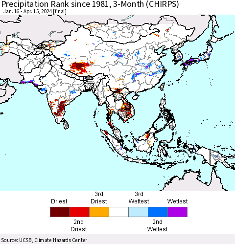 Asia Precipitation Rank since 1981, 3-Month (CHIRPS) Thematic Map For 1/16/2024 - 4/15/2024