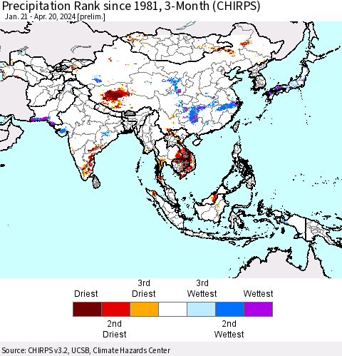 Asia Precipitation Rank since 1981, 3-Month (CHIRPS) Thematic Map For 1/21/2024 - 4/20/2024