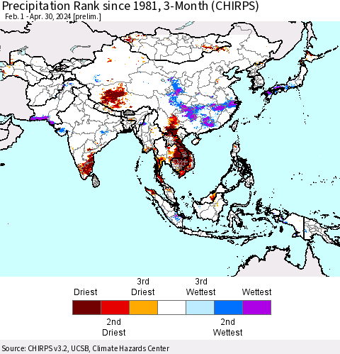 Asia Precipitation Rank since 1981, 3-Month (CHIRPS) Thematic Map For 2/1/2024 - 4/30/2024