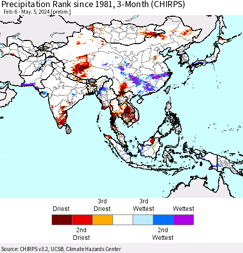 Asia Precipitation Rank since 1981, 3-Month (CHIRPS) Thematic Map For 2/6/2024 - 5/5/2024