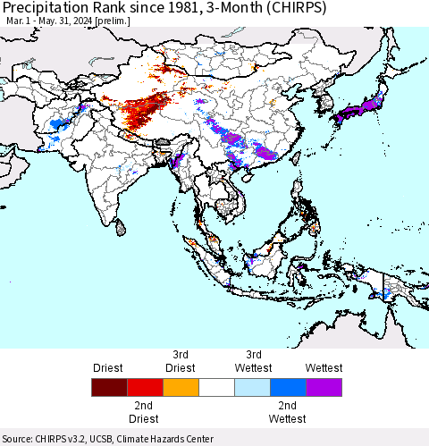 Asia Precipitation Rank since 1981, 3-Month (CHIRPS) Thematic Map For 3/1/2024 - 5/31/2024