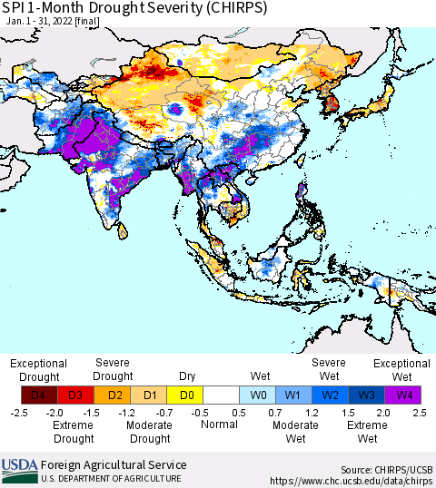 Asia SPI 1-Month Drought Severity (CHIRPS) Thematic Map For 1/1/2022 - 1/31/2022