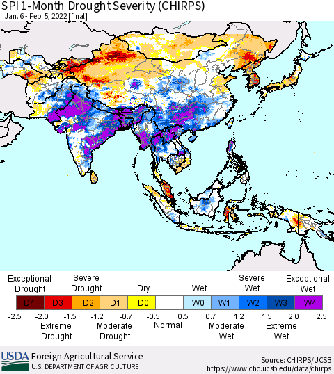 Asia SPI 1-Month Drought Severity (CHIRPS) Thematic Map For 1/6/2022 - 2/5/2022
