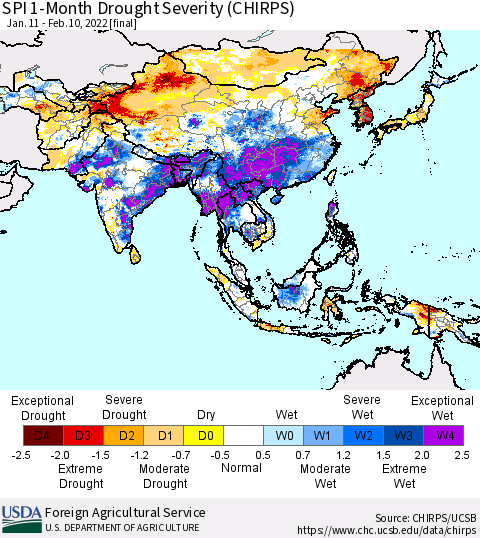 Asia SPI 1-Month Drought Severity (CHIRPS) Thematic Map For 1/11/2022 - 2/10/2022