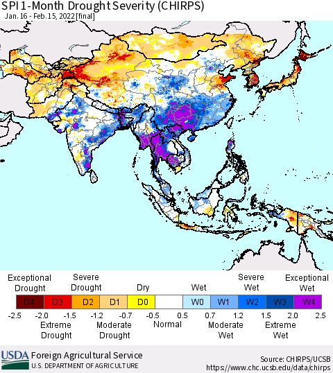 Asia SPI 1-Month Drought Severity (CHIRPS) Thematic Map For 1/16/2022 - 2/15/2022