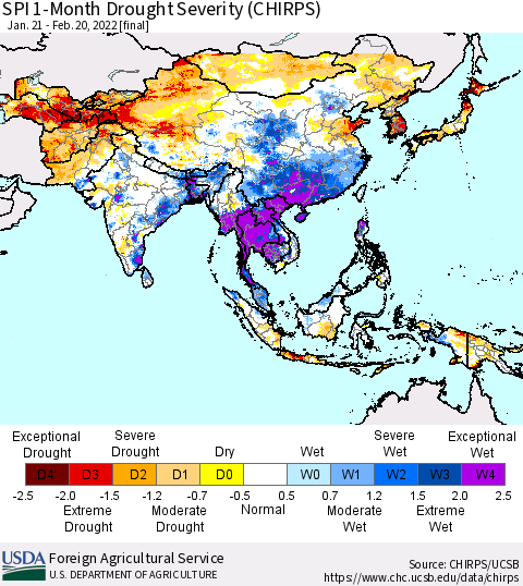 Asia SPI 1-Month Drought Severity (CHIRPS) Thematic Map For 1/21/2022 - 2/20/2022