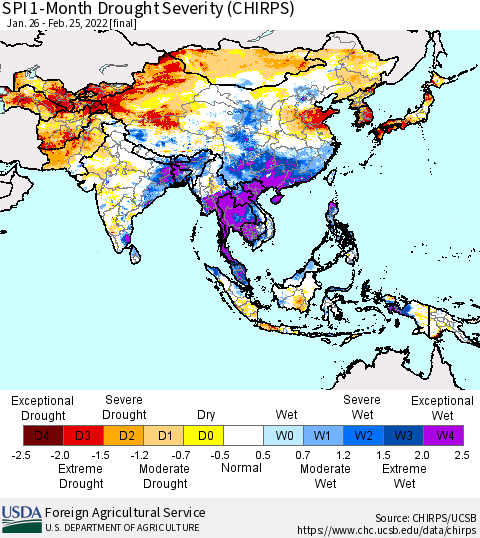 Asia SPI 1-Month Drought Severity (CHIRPS) Thematic Map For 1/26/2022 - 2/25/2022