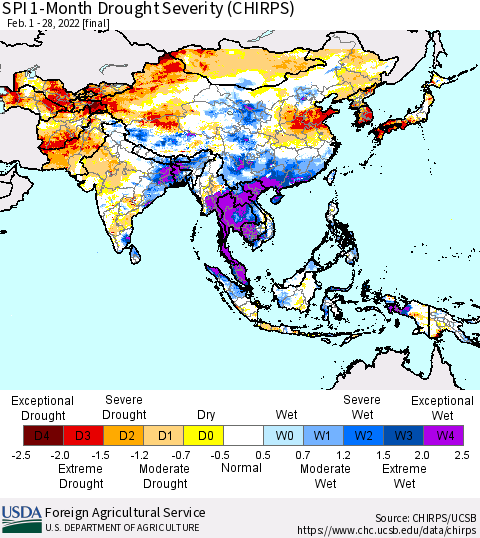 Asia SPI 1-Month Drought Severity (CHIRPS) Thematic Map For 2/1/2022 - 2/28/2022