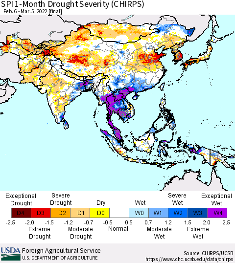 Asia SPI 1-Month Drought Severity (CHIRPS) Thematic Map For 2/6/2022 - 3/5/2022