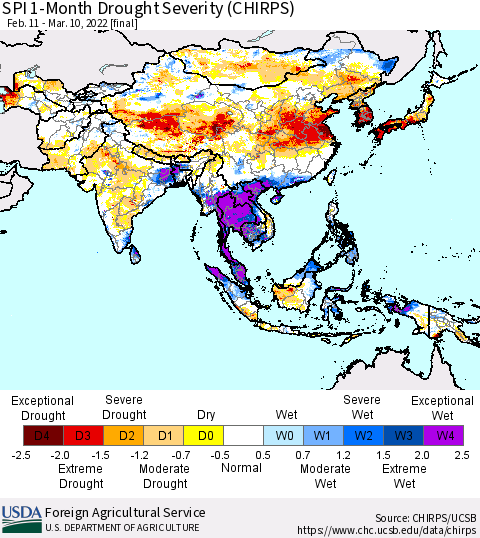 Asia SPI 1-Month Drought Severity (CHIRPS) Thematic Map For 2/11/2022 - 3/10/2022