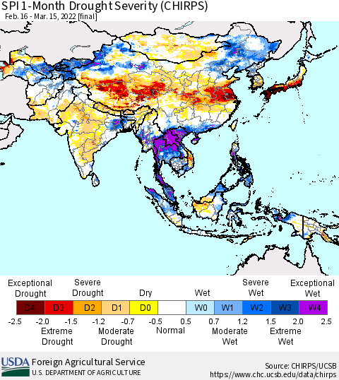 Asia SPI 1-Month Drought Severity (CHIRPS) Thematic Map For 2/16/2022 - 3/15/2022