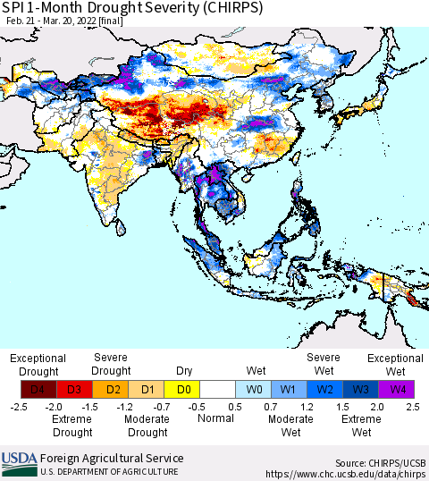 Asia SPI 1-Month Drought Severity (CHIRPS) Thematic Map For 2/21/2022 - 3/20/2022