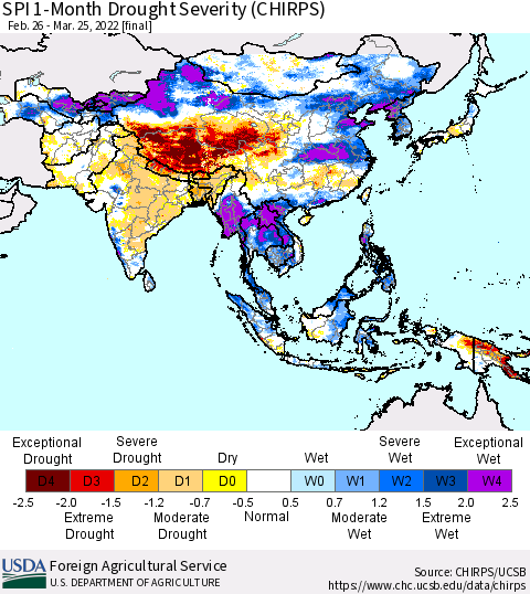 Asia SPI 1-Month Drought Severity (CHIRPS) Thematic Map For 2/26/2022 - 3/25/2022