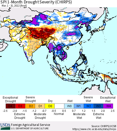 Asia SPI 1-Month Drought Severity (CHIRPS) Thematic Map For 3/1/2022 - 3/31/2022
