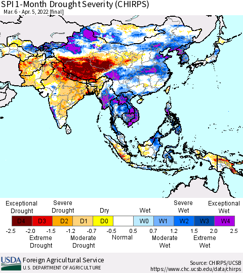 Asia SPI 1-Month Drought Severity (CHIRPS) Thematic Map For 3/6/2022 - 4/5/2022