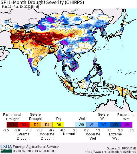 Asia SPI 1-Month Drought Severity (CHIRPS) Thematic Map For 3/11/2022 - 4/10/2022