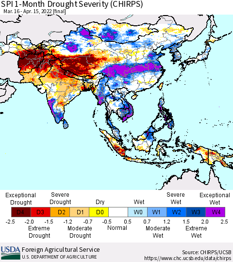 Asia SPI 1-Month Drought Severity (CHIRPS) Thematic Map For 3/16/2022 - 4/15/2022