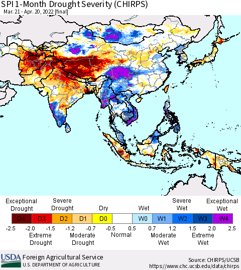 Asia SPI 1-Month Drought Severity (CHIRPS) Thematic Map For 3/21/2022 - 4/20/2022