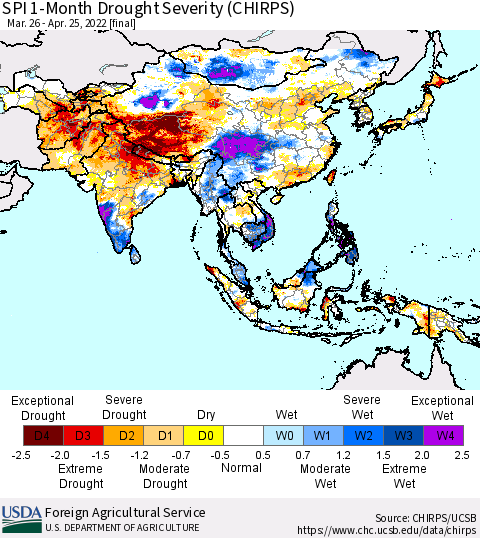 Asia SPI 1-Month Drought Severity (CHIRPS) Thematic Map For 3/26/2022 - 4/25/2022