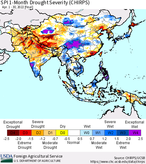 Asia SPI 1-Month Drought Severity (CHIRPS) Thematic Map For 4/1/2022 - 4/30/2022