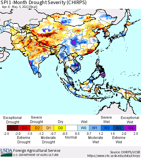 Asia SPI 1-Month Drought Severity (CHIRPS) Thematic Map For 4/6/2022 - 5/5/2022