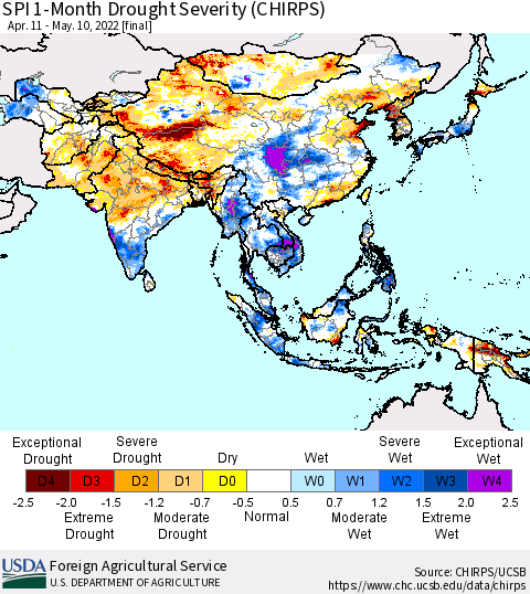 Asia SPI 1-Month Drought Severity (CHIRPS) Thematic Map For 4/11/2022 - 5/10/2022