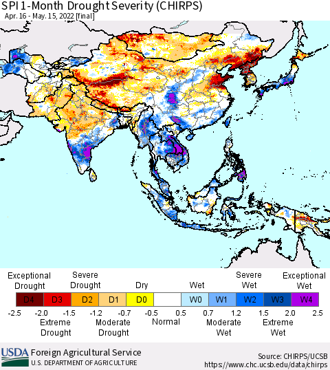 Asia SPI 1-Month Drought Severity (CHIRPS) Thematic Map For 4/16/2022 - 5/15/2022