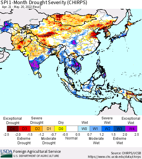 Asia SPI 1-Month Drought Severity (CHIRPS) Thematic Map For 4/21/2022 - 5/20/2022