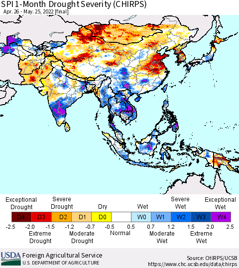 Asia SPI 1-Month Drought Severity (CHIRPS) Thematic Map For 4/26/2022 - 5/25/2022