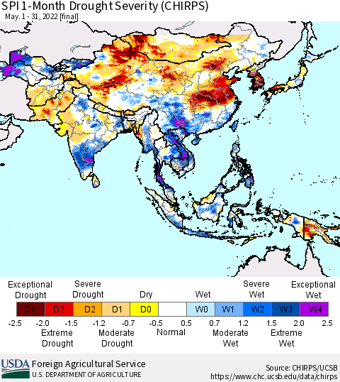 Asia SPI 1-Month Drought Severity (CHIRPS) Thematic Map For 5/1/2022 - 5/31/2022