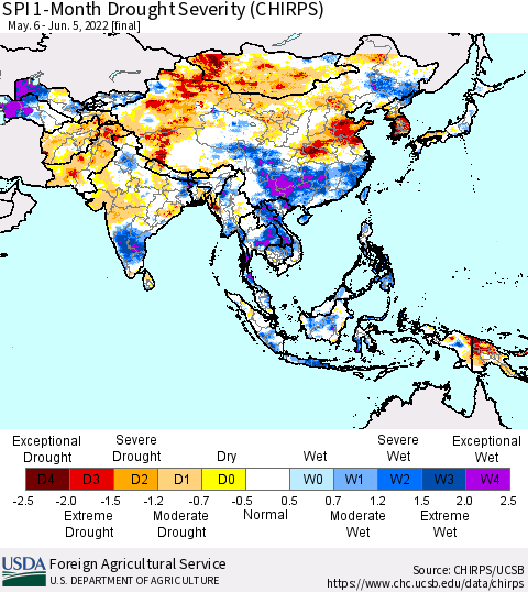 Asia SPI 1-Month Drought Severity (CHIRPS) Thematic Map For 5/6/2022 - 6/5/2022